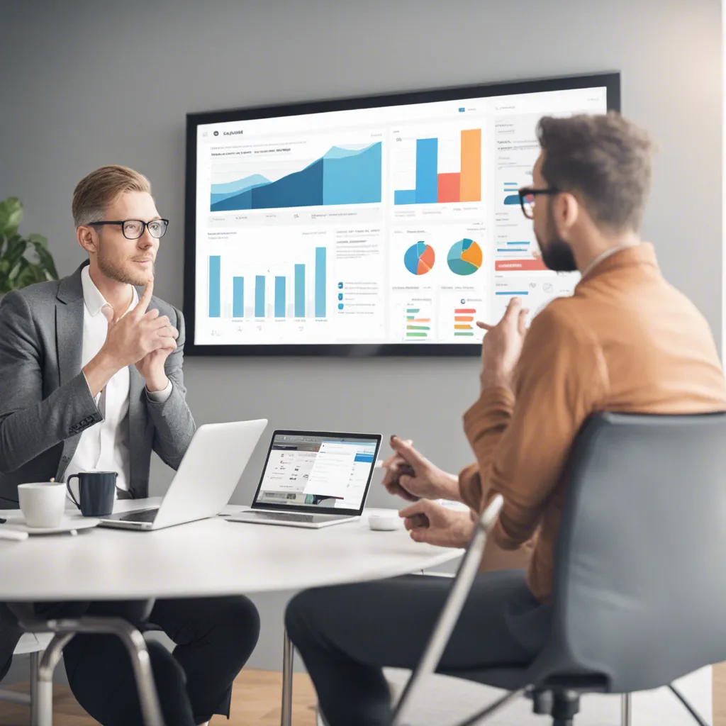 An SEO specialist explaining statistics and charts displayed on a board behind them. The board features various graphs and data points, highlighting key SEO metrics and strategies. The specialist is gesturing towards the board, illustrating their insights and analysis.