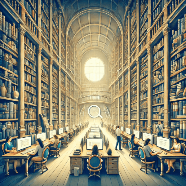 Illustrated grand library with organized shelves filled with books, people browsing and using computer terminals, representing a well-optimized website for keyword research, on-page SEO, and technical SEO.