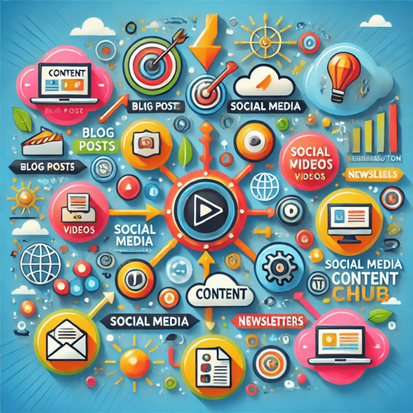 Colorful infographic showing the process of content creation and distribution, including blog posts, videos, social media, and newsletters connected to a central content hub.