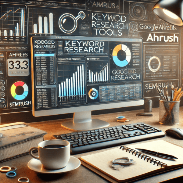 Detailed screenshot of keyword research tools including Google Keyword Planner, Ahrefs, and SEMrush on a computer screen with charts, keyword lists, and analysis graphs, showing a workspace setup with a notebook, pen, and coffee cup.