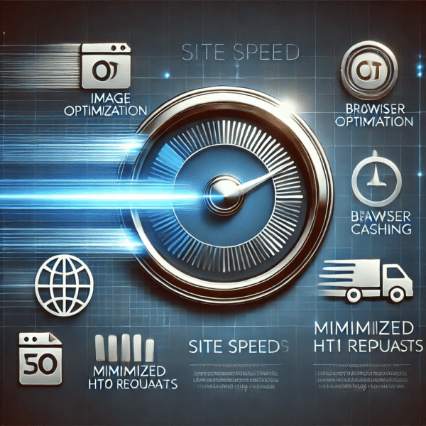 Modern graphic showing a website loading bar moving quickly to completion, with icons for image optimization, browser caching, and minimized HTTP requests, highlighting the importance of site speed.