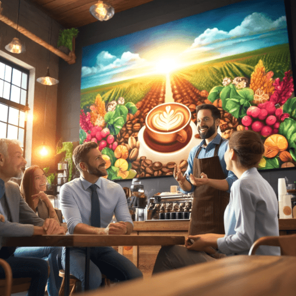 Vibrant photo of happy customers in a cozy coffee shop, engaging with a barista who shares the story of the coffee beans' journey from farm to cup, highlighting the importance of customer experience.