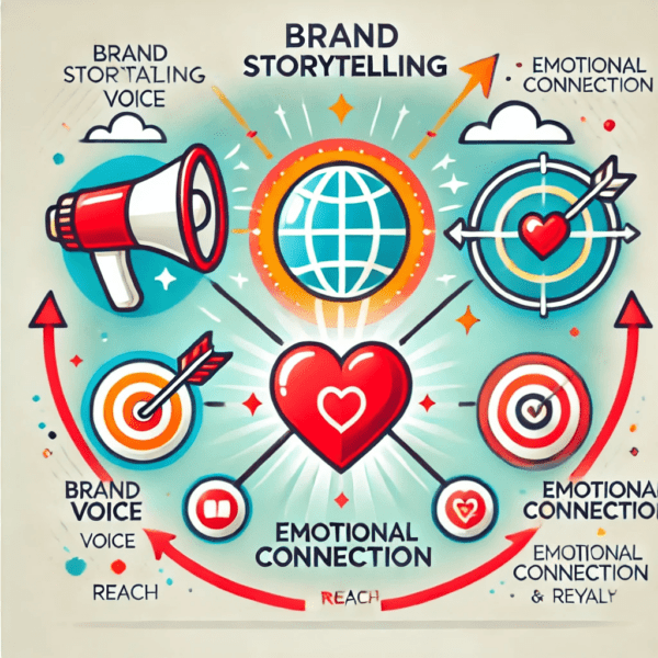 Engaging graphic depicting brand storytelling elements including a megaphone for brand voice, a heart for emotional connection, and a globe for reach, connected by arrows to a central narrative.