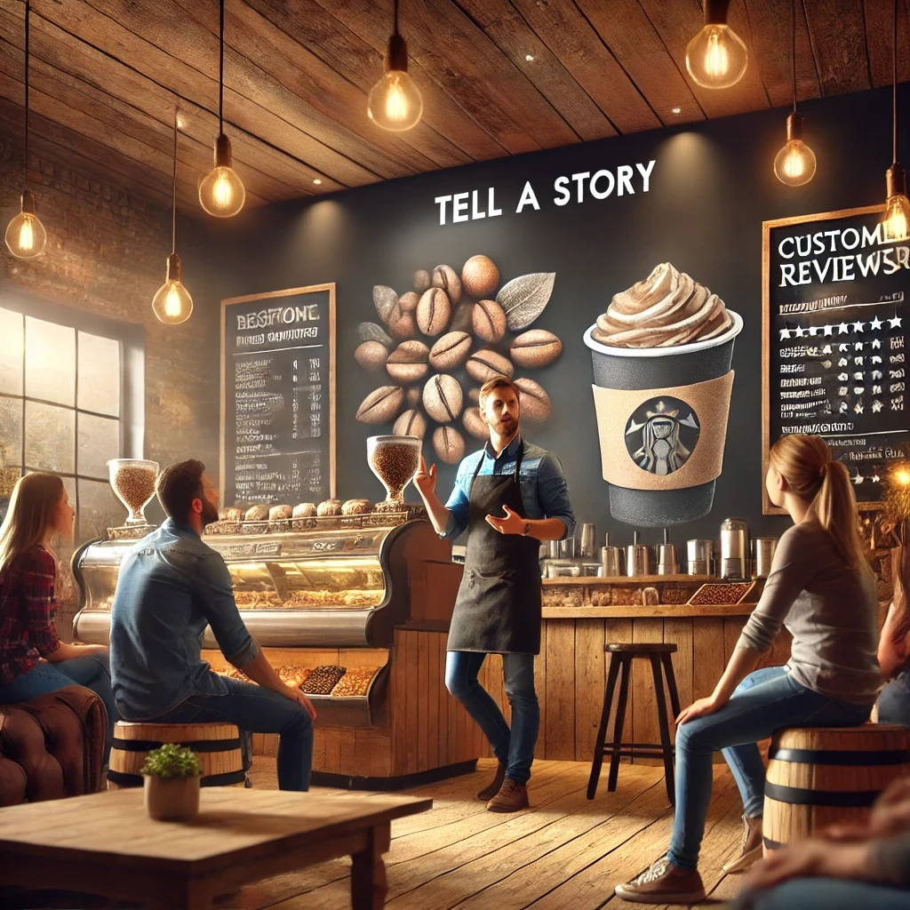 A cozy coffee shop setting where a barista shares the story of the coffee beans' journey from farm to cup with engaged customers. The shop has a warm, inviting ambiance with a chalkboard displaying the text "TELL A STORY," emphasizing the importance of brand storytelling in creating an emotional connection with the audience.