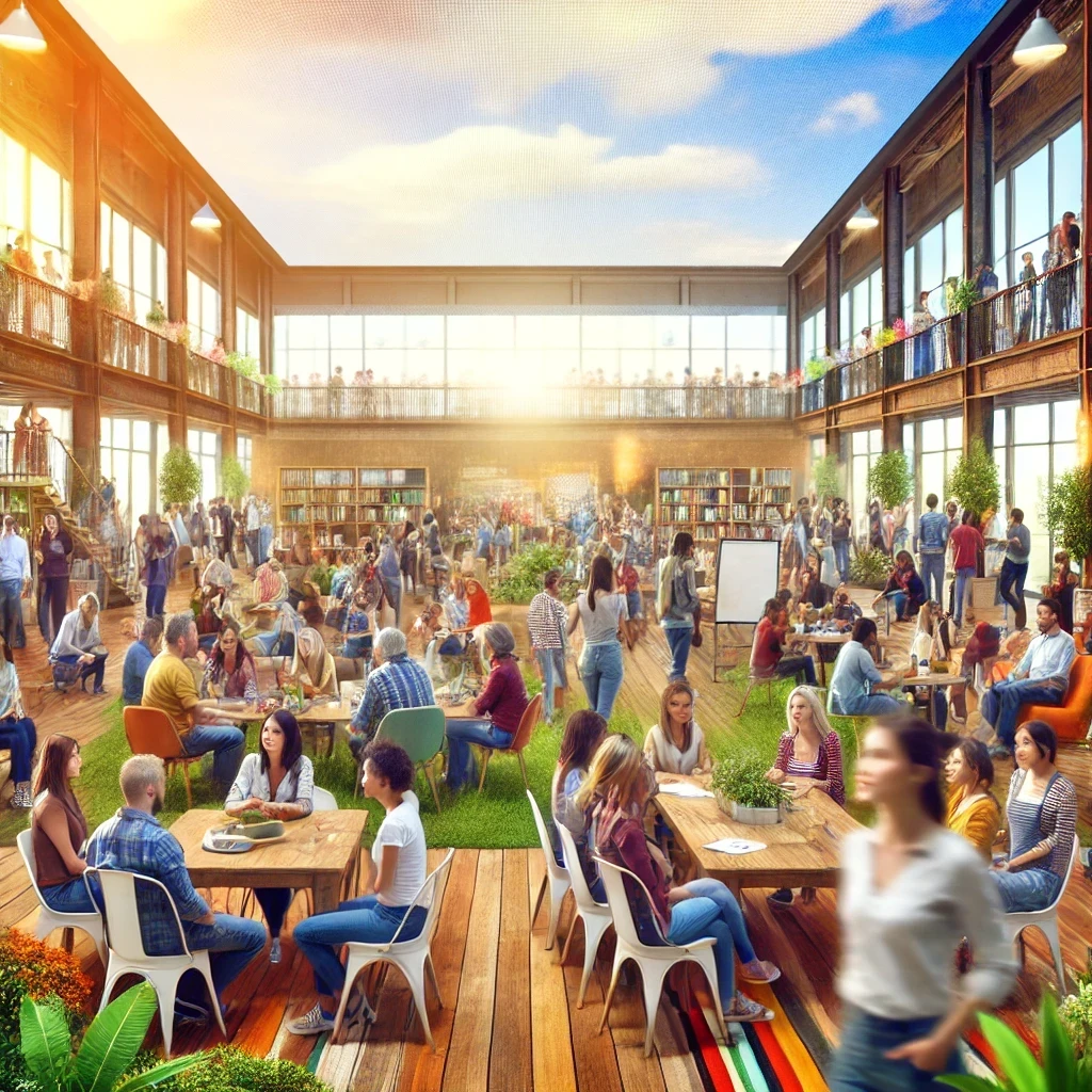 A vibrant, bustling community center filled with diverse groups of people engaging in various activities. The ceiling displays a video of the sky with moving clouds and changing colors, creating a dynamic and engaging environment. This image symbolizes the holistic approach to SEO, emphasizing brand storytelling, customer experience, and local and social engagement.