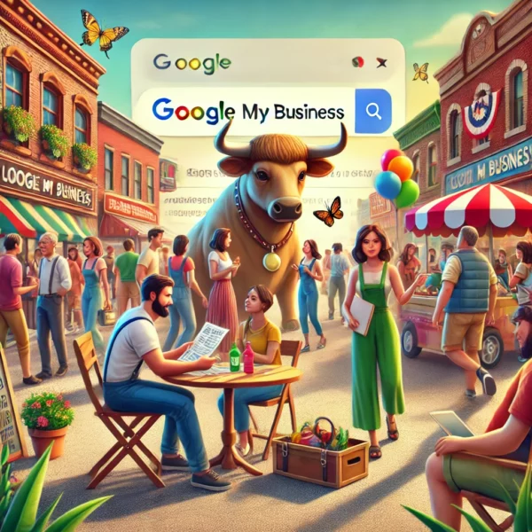 A vibrant street scene with a local business participating in a community event. The business owner engages with local residents, handing out flyers, and showcasing their products. A friendly-looking bull with realistic features sits behind the crowd, looking off to the side, amused by a butterfly. This whimsical and welcoming element highlights the importance of local SEO and community involvement in building a strong brand presence.