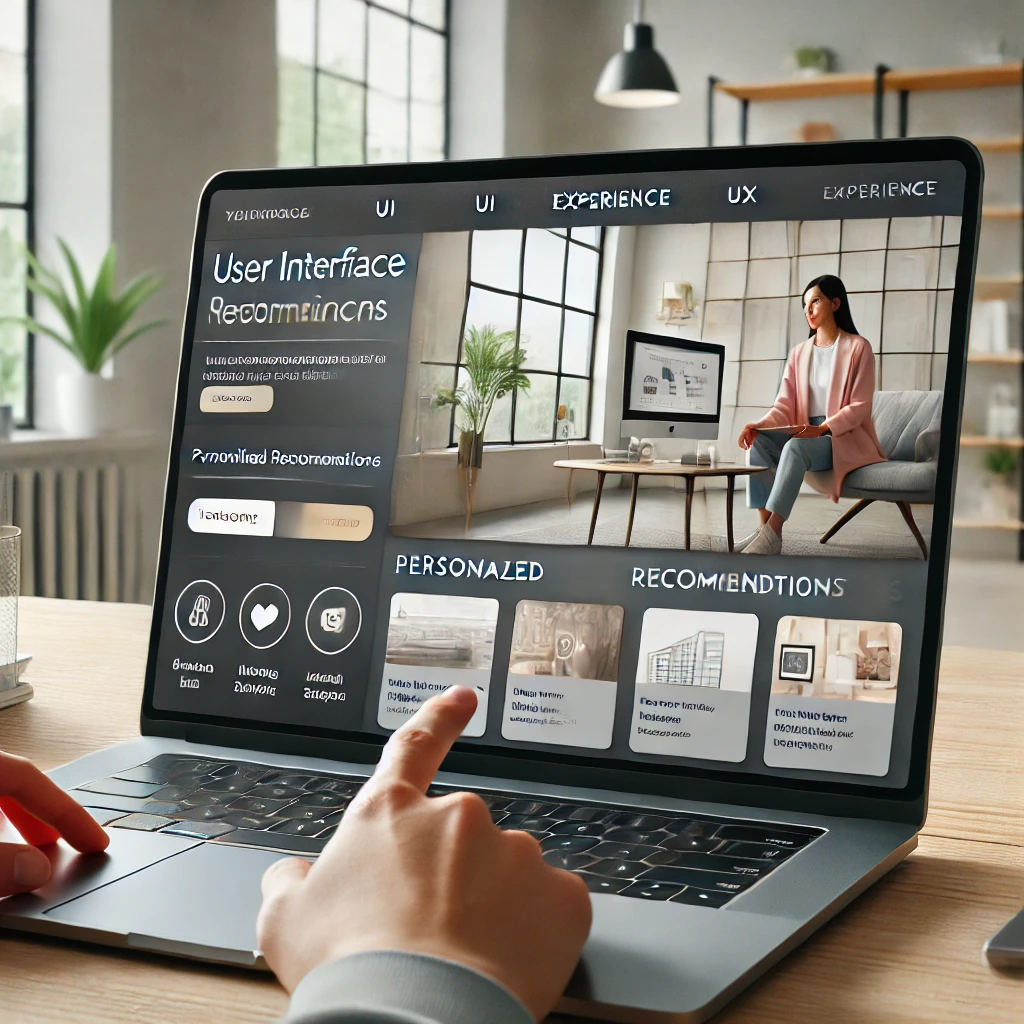 A modern, sleek website interface displayed on a laptop screen, showing a user navigating through the site effortlessly. The website features personalized recommendations, a live chat support window, and visually appealing design elements. The background setting is a clean and modern workspace with minimalistic decor. This image highlights the importance of user interface (UI) and user experience (UX) design in creating a seamless and delightful online customer experience.